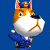 Pixelated cartoon dog in blue uniform with crown, standing against solid blue background next to green text reading 'Original Icons .com'.