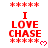 Red pixelated text "I LOVE CHASE" surrounded by red asterisks with a small red heart on the right, displayed in a of six identical static frames