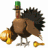 Animated pixel art turkey with green top hat, brown body, black tail feathers, and golden feet holding a small key.