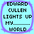 Four identical square icons with light blue backgrounds and purple rounded borders display pixelated text reading "EDWARD CULLEN LIGHTS UP MY...... WORLD".