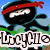 A pixelated cartoon character with a red headband and black body appears in four , each showing text that collectively reads "LucyMe is a ninja!" against a blue sky background