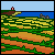 Pixelated landscape with layered green and yellow fields, blue water, and a light blue sky, featuring a small red structure on a hill and gray rocks on the shore.
