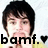 Pixelated image of a person with dark hair and light skin, featuring bold black text 'bamf.' and a small heart symbol below.
