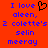 Red background with blue pixelated text reading 'I love aleen, 2 colette's 2 selin meeray' and a black heart symbol replacing the word 'heart'.