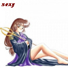 Pixelated anime-style character with long brown hair, wearing a dark blue and purple robe, reclining while holding a golden trident-like object.