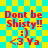 Red text and symbols on a yellow-cyan checkered background with visible pixelation across four identical