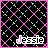 A contact sheet of 8 animated frames showing a pixelated buddy icon with the name "Jessie" in varying color schemes over a black background with pink, yellow, and blue diamond patterns.