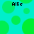 Pixelated cyan background with scattered green circles and four instances of the text 'Allie' in black pixel font.