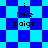 Blue and cyan pixelated background with text 'i love paige' in black, transitioning between checkered and diamond patterns.