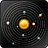 A pixelated solar system with a central yellow sun surrounded by orbiting planets on a dark background.