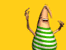 Animated character in green and white striped shirt with arms raised against yellow background, showing hand position changes across frames.