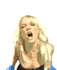 Six pixelated frames of a woman with blonde hair in various poses and expressions against a gray background.