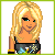 Pixel art contact sheet showing a blonde female character in punk-style outfit with yellow tutu, black crop top, fishnet stockings, and striped arm bands across multiple frames including full-body, torso close-up, legs, and text panels.