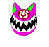 A pink cartoon head with green ears and a zigzag mouth, rotating through multiple angles against a gray background.