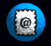 Blue sphere with white textured square containing @ symbol, rotating through three distinct orientations.