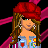 Pixel art character with red beret, long brown hair, and colorful patchwork jacket over light blue pants against pink striped background.