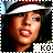 A pixelated image of a person wearing a white visor with red and black stripes, showing three variations of facial expression and head position.