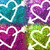 heart-shaped icons with glowing outlines in teal, purple, magenta, and green against a pixelated background
