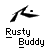 Pixelated black-and-white icon shows a stylized figure with a raised arm and a small square above it, positioned above the text "Rusty Buddy" on a gray background.