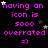 repeated text and star icons on a black background, with pink text reading 'having an icon is 5000 overrated =)' and scattered white stars