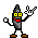 Four pixelated character poses with gray bodies, yellow eyes, red mouths, brown feet, and white hands showing rock-on gestures against a light gray background.