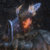 Pixelated figure with glowing orange core and blue appendages against dark background