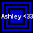 Four blue square frames with black borders arranged in a , each containing white text 'Ashley <33' overlaid on the squares