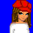 Pixel art buddy icon featuring a woman in patriotic attire with stars and stripes, holding books and a shopping bag against blue background.