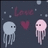 Pixelated image with two jellyfish, a heart symbol, and the word 'Love' on dark background with floating bubbles.