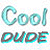Pixelated static image of the text "Cool Dude" in stylized lettering with cyan and brown color gradients on a white background.