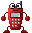 Red pixel-art mobile phone character with large eyes, gray keypad, and blue antenna in six poses showing varied expressions and musical note symbols.