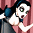 A 48x48 pixel animated buddy icon featuring a cartoon woman peeking from behind pink curtains with green text reading "Original Icons .com" on the right side.
