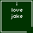 Dark green square with white text 'i love jake' and a small heart symbol in the bottom-right corner.