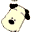 Animated cartoon dog icon with black ears and nose, white body, small red detail on lower right, gray background.