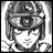 Black-and-white pixelated image of a character with long hair and a headband, next to stylized text on a dark background.