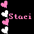 Pixelated icon with pink and white hearts alongside the name 'Staci' in pixel font on black background.