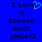 Blue background with black pixelated text reading "I Love U sooooo much jamie<3" and a cyan heart symbol replacing the 'o' in Love.