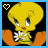Pixelated yellow bird with blue eyes and orange beak holds white flower, heart symbol in top-left corner, black background with orange lower section.