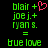 Green pixelated text on black background with one version showing a pink heart symbol replacing the plus sign next to 'blair'.