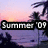 Pixelated sunset scene with gradient sky transitioning from pink to purple, featuring a black banner displaying 'Summer 09' in white block letters.