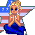 Pixel art contact sheet of three animated frames showing a blonde cartoon girl in prayer pose against an American flag star background with different colored skirts.