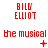 Red pixelated text 'BILU ELLIOT' and 'the musical' arranged in a with animated symbols below each