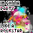 A static digital image with repeating text and colorful pixelated graphics on a black background.