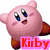 Pixelated pink Kirby character with blue eyes and brown feet, two red hearts, and text elements on a white and purple background.