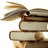 Stack of books with a feathered quill on top, next to pixelated blue text reading 'Eww School is ICKYY :)=' on a white background.