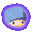 Five circular purple-bordered icons display distinct cartoon characters: a blue-haired figure, a smiling yellow-faced character, My Melody with red ears and white flower, Cookie Monster, and Hello Kitty with red bow.