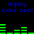 Blue text 'legacy kicks ass!!' repeats across black background with green audio waveforms shifting between frames.