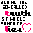 Pixelated text and heart symbols in black, white, and pink on a white background with gray section.