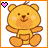 Pixelated yellow bear with brown accents sits in a cross-legged pose, smiling with closed eyes and pink cheeks.