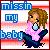 Pixelated icon shows a figure with curly brown hair holding a blue object, against striped background with text reading 'missin my baby' in blocky letters.